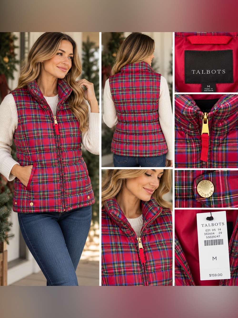 Talbots NWT Red Tartan Plaid Genuine Down Puffer Vest Women’s M